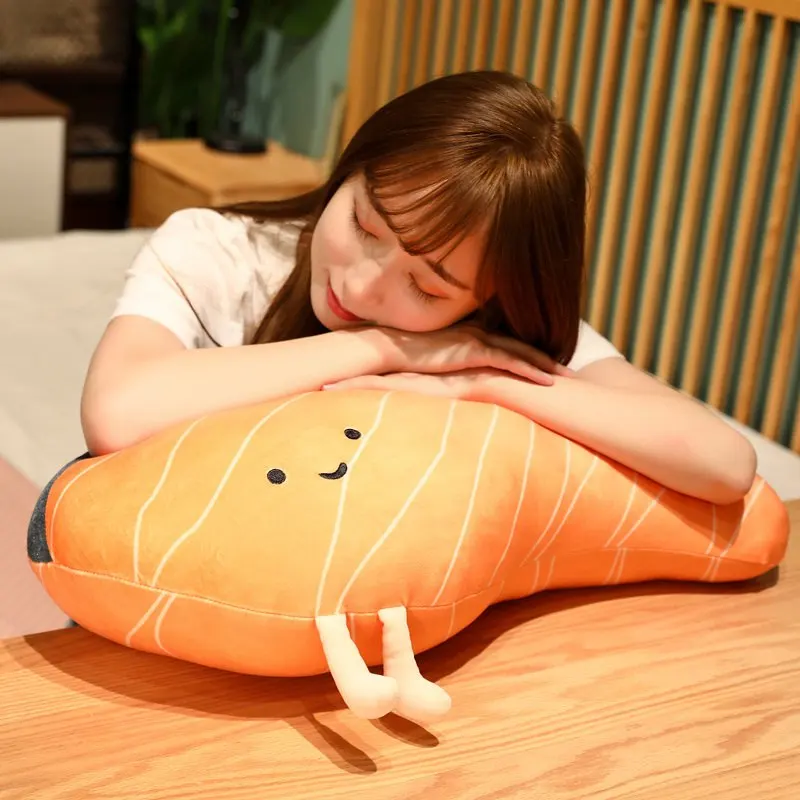 Almohada de peluche con diseño de filetes de salmón para niñas, juguete de almohada de felpa con diseño japonés, cojín de comida de dibujos animados, regalo de Navidad