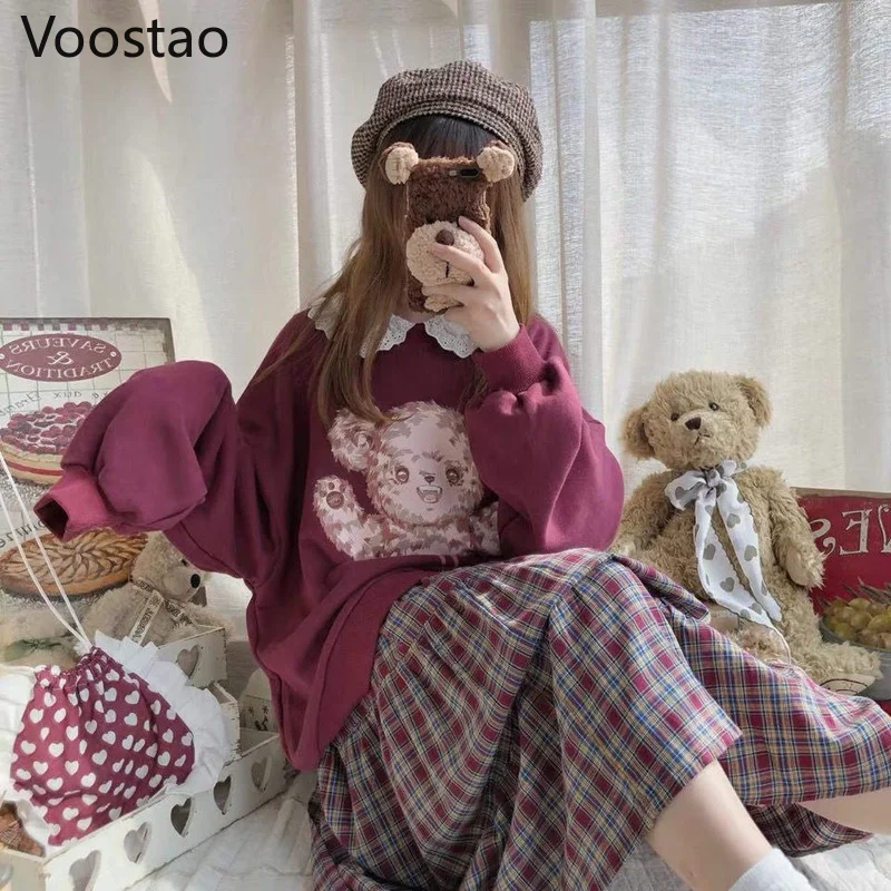 Japanese Autumn Sweet Cartoon Bear Print JK Sweatshirt Girls Kawaii Loose Lolita Hoodies Spring Women Harajuku Pullover Coats