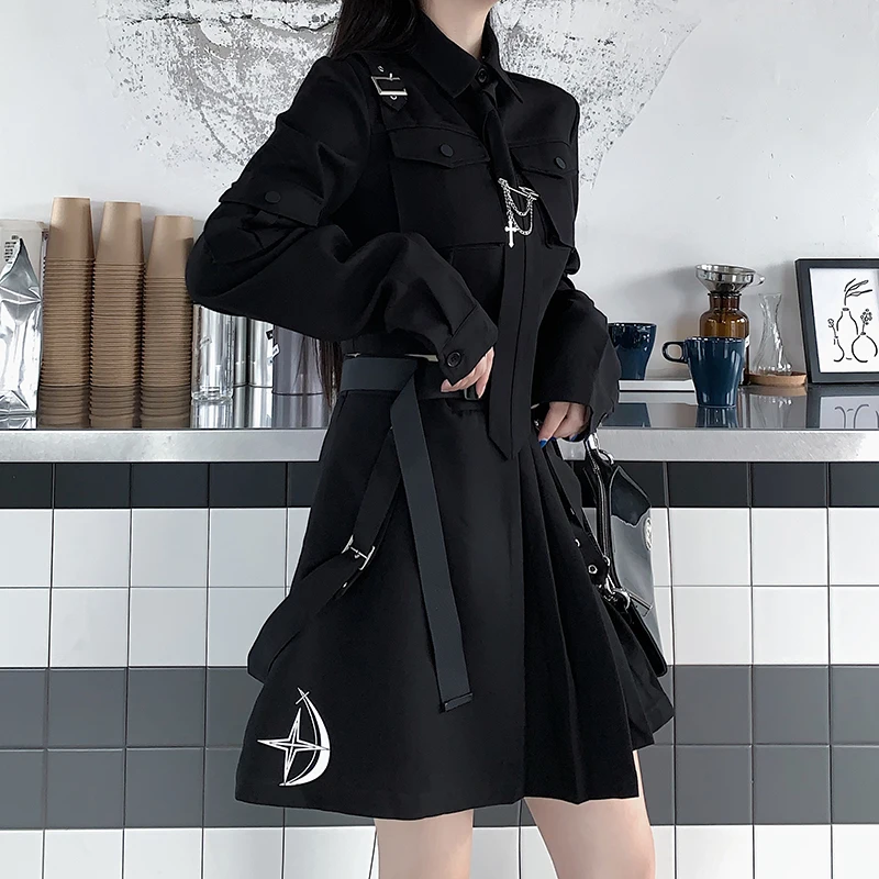 Women Black Skirt Suits Gothic Style Sets Female Long Sleeve Tops and Pleated Skirt Two Piece Set Spring Autumn 2024 Streetwear