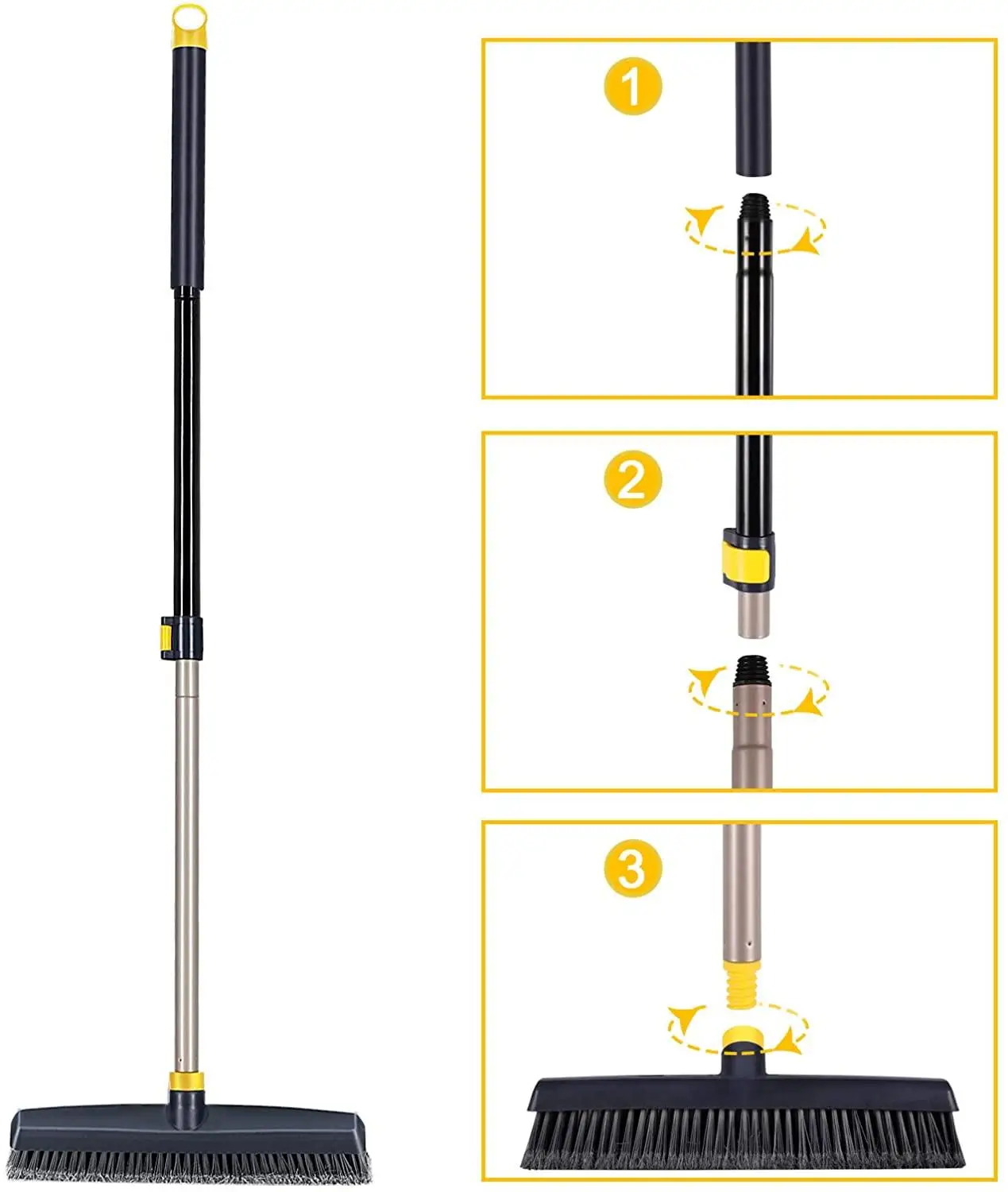 Eyliden Push Broom Brush Stiff Bristles with 12.8in Long Pole Broom Head Telescopic Heavy-Duty Outdoor Commercial