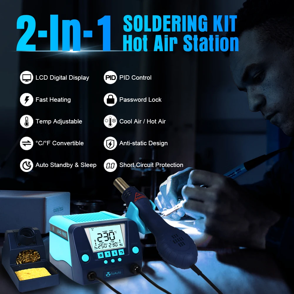 ToAuto DS882 Soldering Station Hot Air Heater Gun 2 in 1 Best Professional Soldering Iron Station DIY Repair Tool Kit