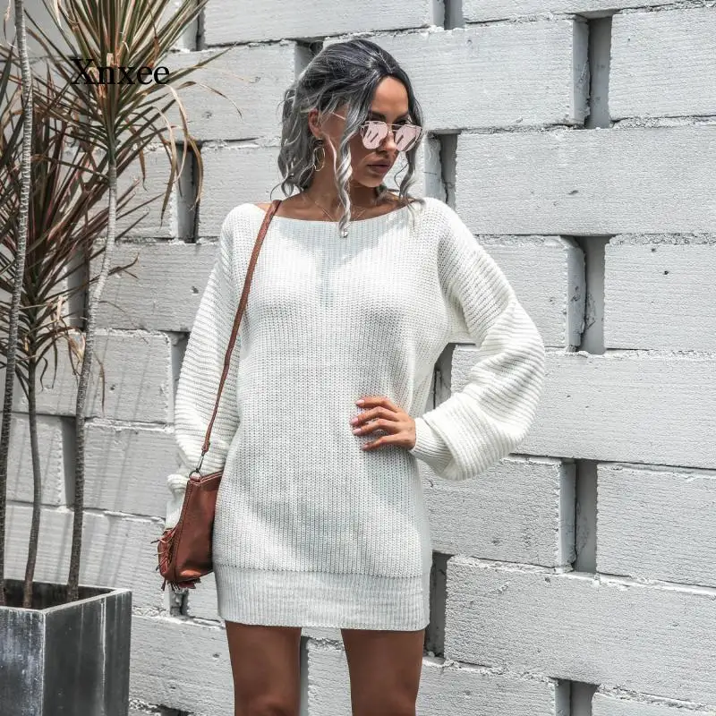 

Sexy Off Shoulder Knitted Dress Women Solid Long Sleeve Loose Casual Dress Streetwear Autumn Winter Nightclub Dresses