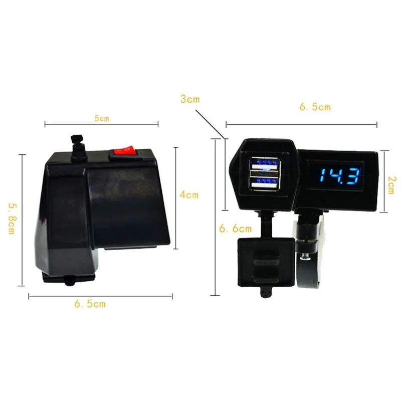 12-24V Dual USB Motorcycle Handlebar Charger Socketed Adapter Digital Voltmeter LED Display Voltmeter Power Socket with Switch