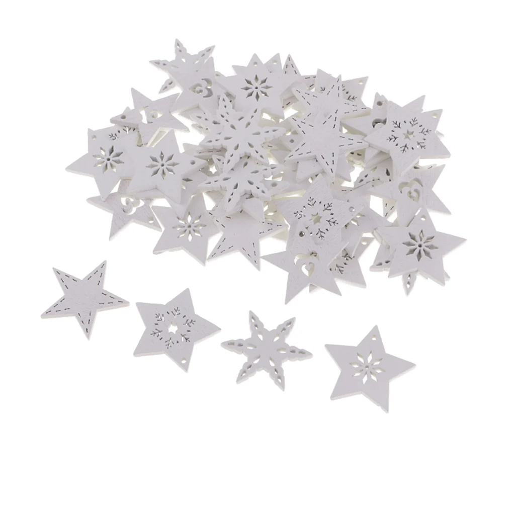 50pcs White Stars Wood Scrapbooking Crafts DIY Xmas Tree Hanging Decorations