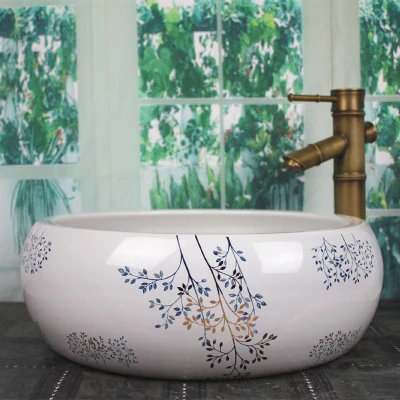 

Bathroom Round Ceramic Vessel Sink Vanity Artistic Basin with Pop up Drain Combo AB235