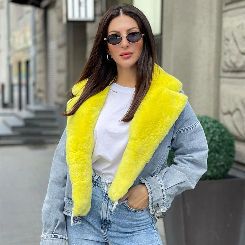 Imagem -04 - Jaqueta Jeans Feminina com Gola de Pele de Raposa Real Roupas 2023 Luxo Quente Parka Outwear Inverno Casual Cabolsas de Pele de Coelho Natural