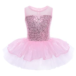 Fairy Girls Ballet Leotard Dresses Sleeveless Sequins Ballet Gymnastics Bodysuit Kids Mesh Tutu Dresses For Perfoemance Playing