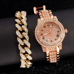 Iced Out Rose Gold Silver Color Watch Women's Luxury Rhinestone Cuban Chain Bracelet Watches Fashion Wrist Watch Hip Hop Jewelry