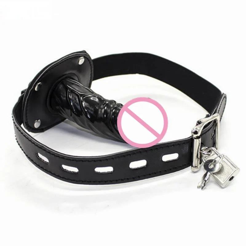 Leather Silicone Penis Mouth Ball Gag with Lock Fetish SM Bondage Restraints Oral Dildo Plug Harness for Couple Sex Game Sex Toy