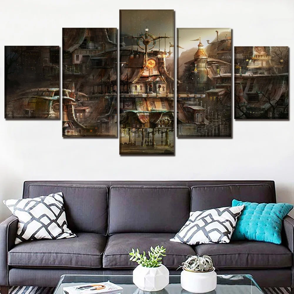 Sci Fi Steampunk Print Painting, Modern Decorative Poster, Canvas Painting, Building City, Artwork, 5 Pcs