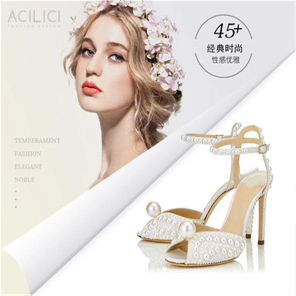 White Satin Sandals With All Over Pearls Sacora 100mm Pearl Embellished Pumps Ankle Strap Peep-toe Sandal Wedding Shoes