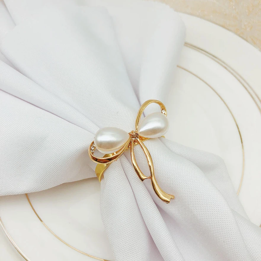 6pcs/lot Fashion wedding napkin ring pearl bow napkin buckle metal plating napkin ring holiday party desktop decoration