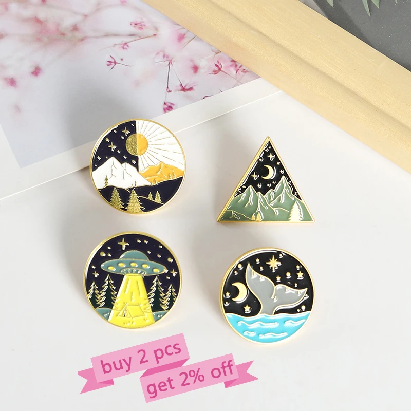 Sun and Moon Alternation Enamel Pins Natural Landscape Star River Whale Tale Brooch Lapel Badge Bag Jewelry Gift for Friends