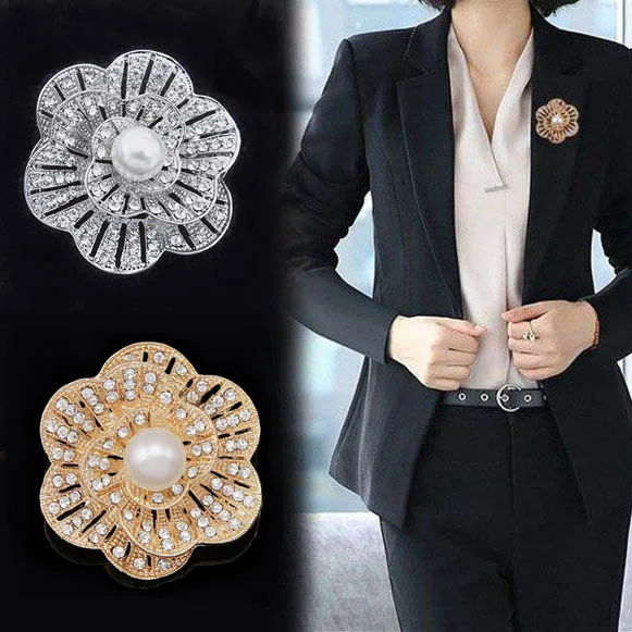 

Women Fancy Gold Tone Crystal Brooch Wedding Party Pearl Flower Brooch Pins