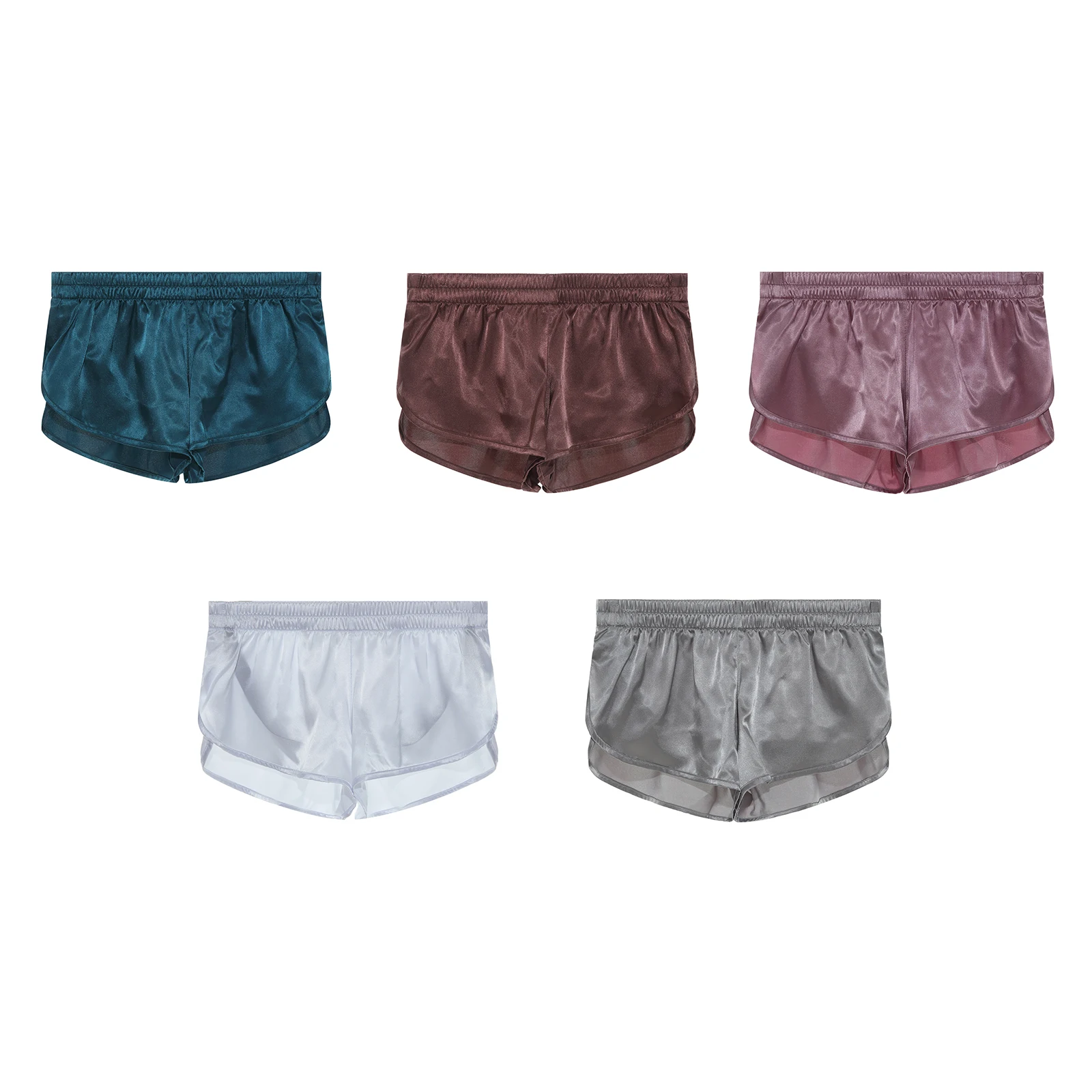 Men Solid Color Underwear Side Split Elastic Waistband Sleep Bottom Low Waist Satin Shorts Underpants Nightwear