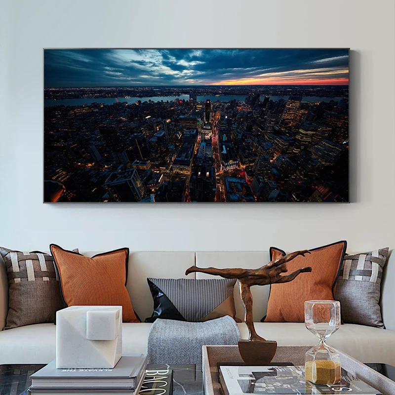 New York Manhattan City Skyline Night View Landscape Canvas Paintings Posters and Prints Wall Art Pictures for Living Room Decor