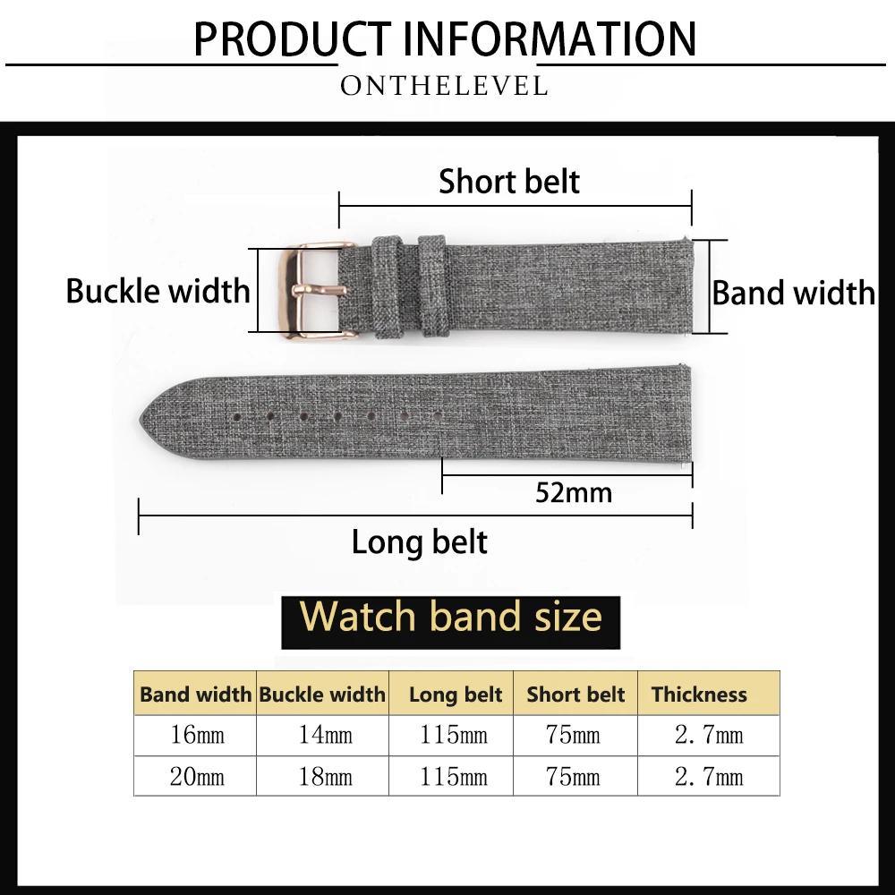 Nylon Canvas Fabric Watch Gray Cow Leather Watch Strap Band 16mm 20mm Wristwatch Accessories for Women Men Watch