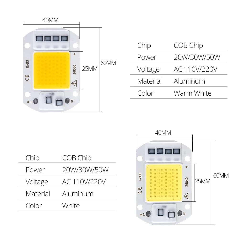 High Power COB LED Chip AC 220V 110V 50W 30W 20W Diode LED COB Chip Rectangular Matrix DIY Spotlight Flood Light Not Need Driver