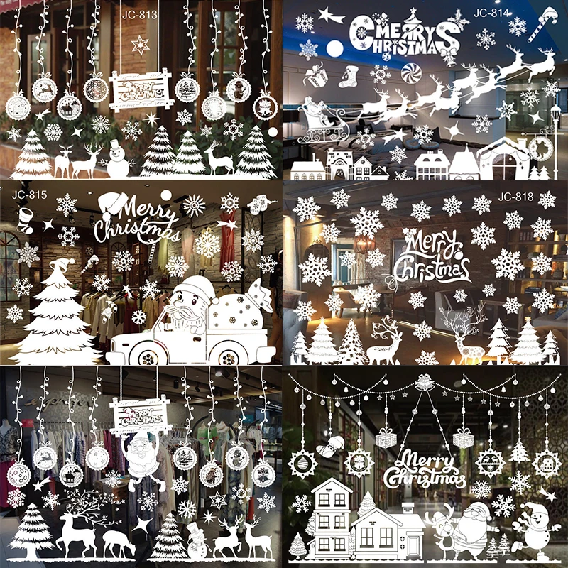 1Set Christmas Window Stickers Decorations Santa Snowman Elk Snowflake Decal Sticker for 2022 Xmas Window Glass Door Decor