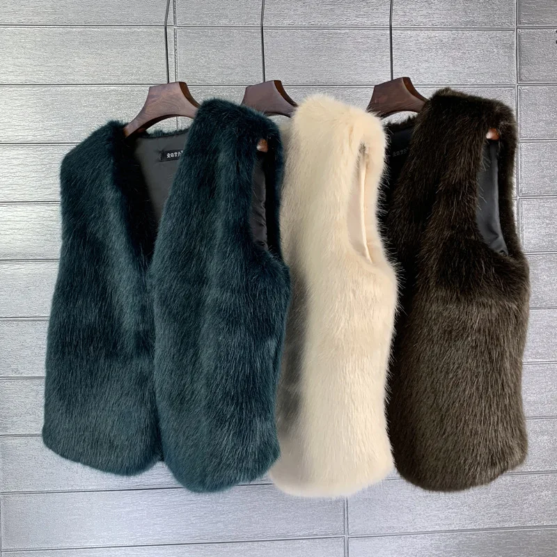 High Quality Faux Fox Fur Vest Coat Woman Imitation Fur Short Vest Autumn Winter Top Fashion Glossy Thick Warm Female Outwear