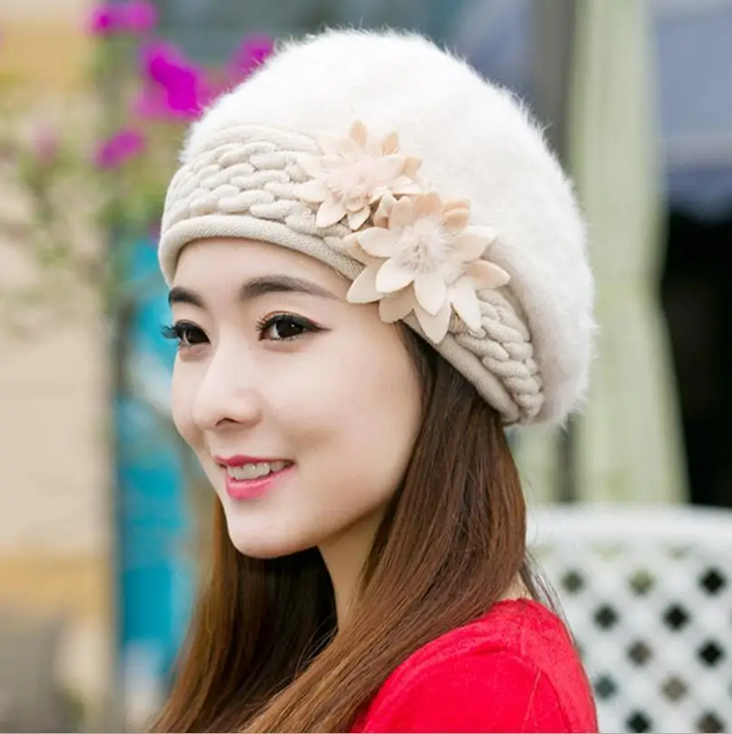 New Arrival Elegant Women Knitted Hats Rabbit Fur Cap Autumn Winter Hat Ladies Female Fashion Skullies Beret Hat