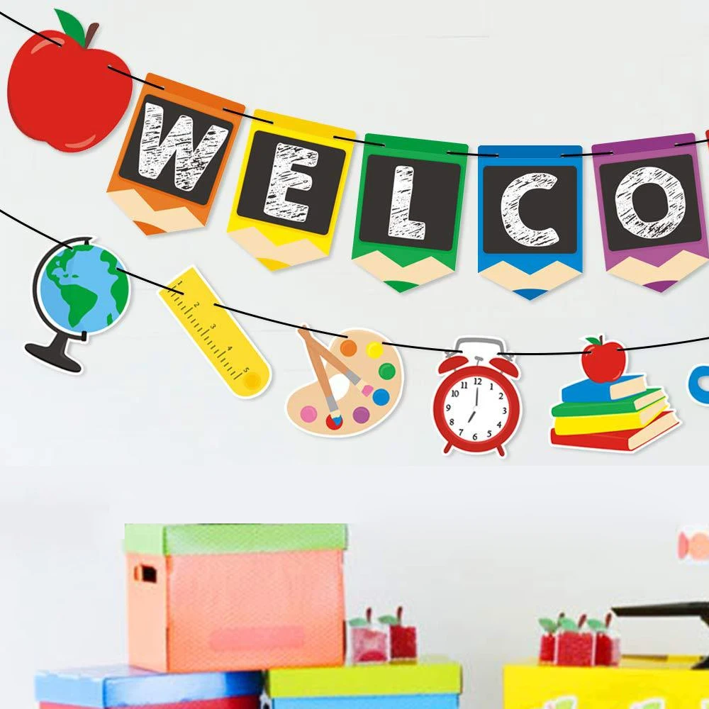 2pcs Welcome Class Back to School Hanging Sign Banner Bunting First Day of School for Classroom Decor Party Decorations