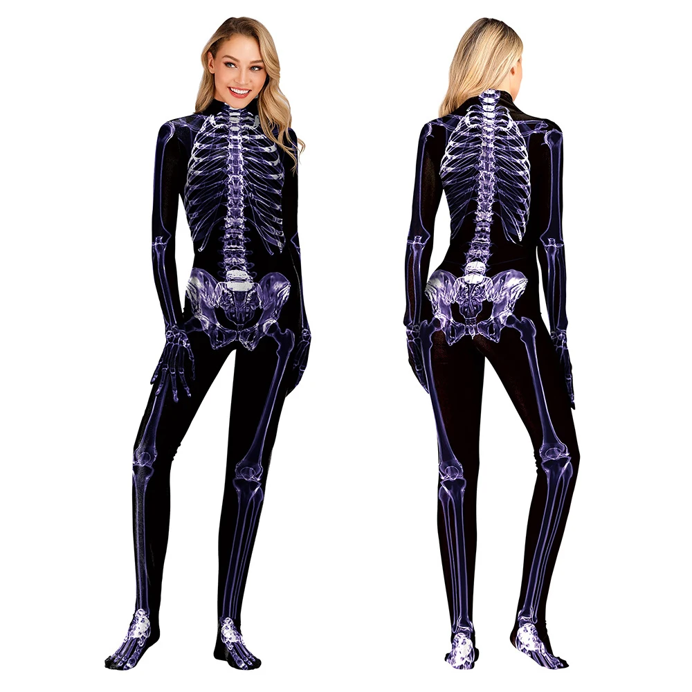 

Halloween Women Skeleton Print Jumpsuit Zentai Ghost Devil Rompers Carnival Bodysuit Party Horror Scary Fancy Cosplay Costume