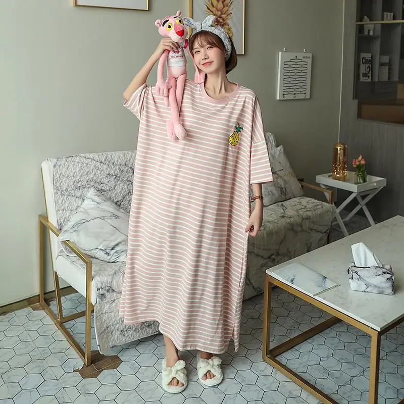 Women Plus Size Striped Nightgown Sleepwear Short Sleeve Long Nightdress Loose Casual Robe Sleepshirt Home Wear 4XL 5XL