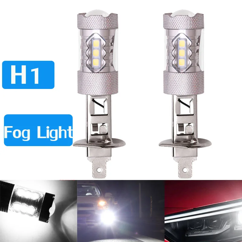 2Pcs H1 LED Car Front Fog Light Headlight Lamp Bulb 6000K White Auto Accessories Driving Kit 80W 2835 16 SMD DC 12V 24V