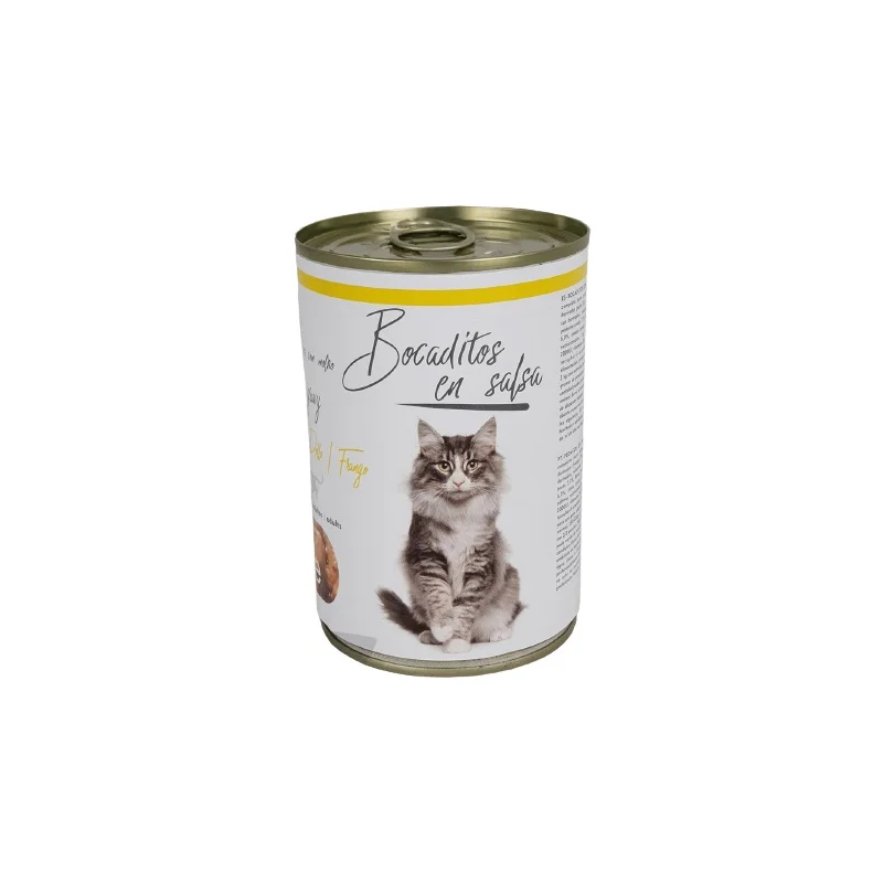 Snacks in Cat chicken sauce for cats tin 415 grs of wet chicken and cereal food in Cat sauce of all ages and races.