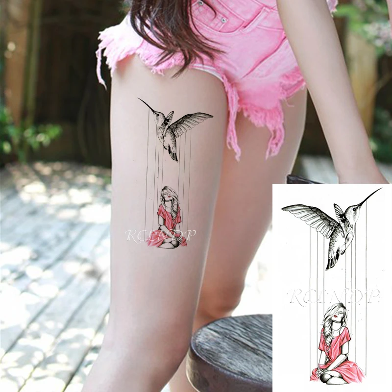 Waterproof Temporary Tattoo Sticker Hummingbird Bird Sexy Red -skirt Girl Line Element Fake Tatoo Flash Tatto for Women Men