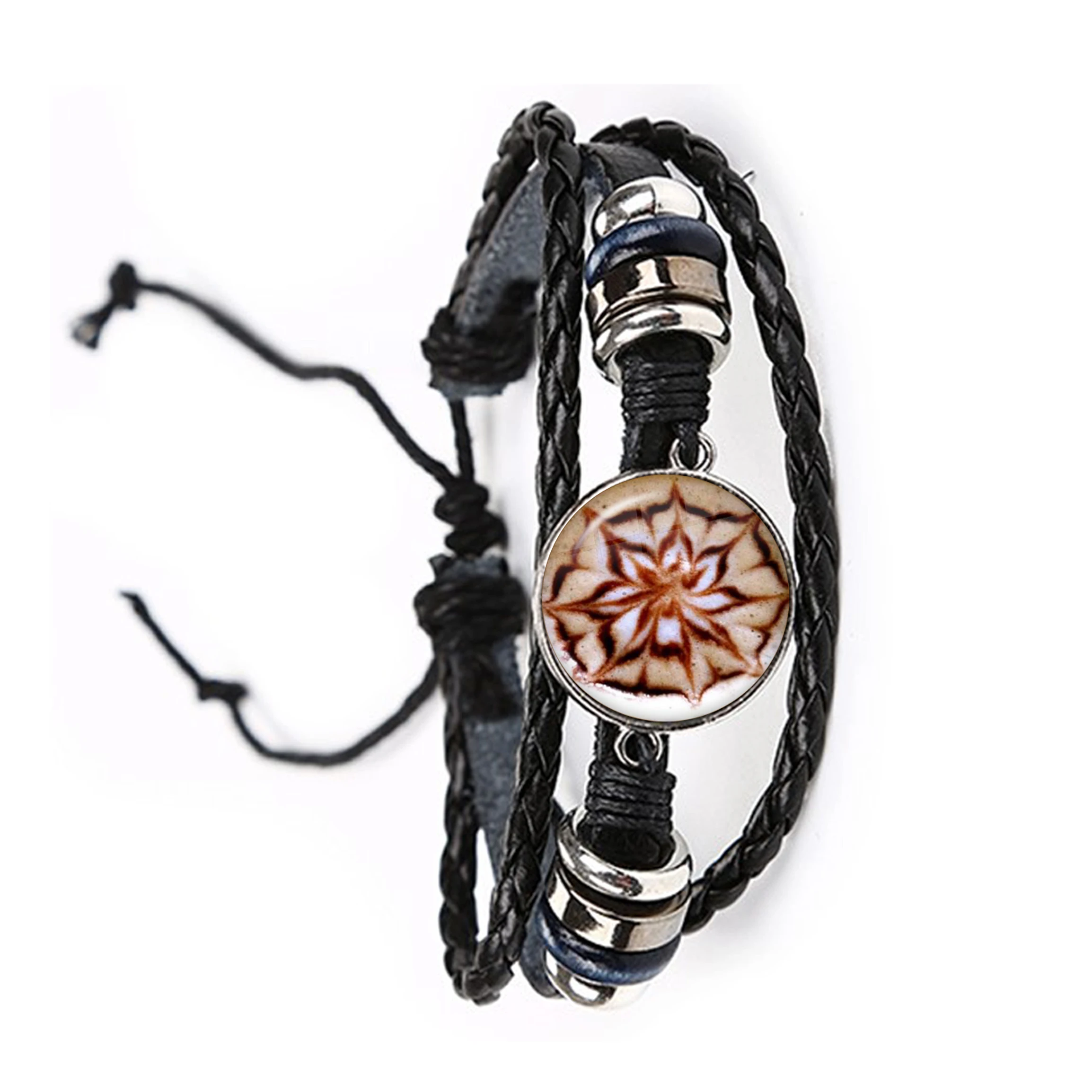 Coffee Latte Carving Mandala Glass Cabochon Leather Bracelet Chocolate Printing Four Leaf Clover Charm Jewelry For Women Men