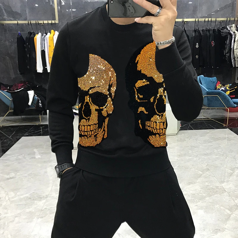 

Winter Brand New 2021 Men's Hoodie Casual Top Round Neck Hot Rhinestone Skull Fashion Popular Long Sleeve M-5XL