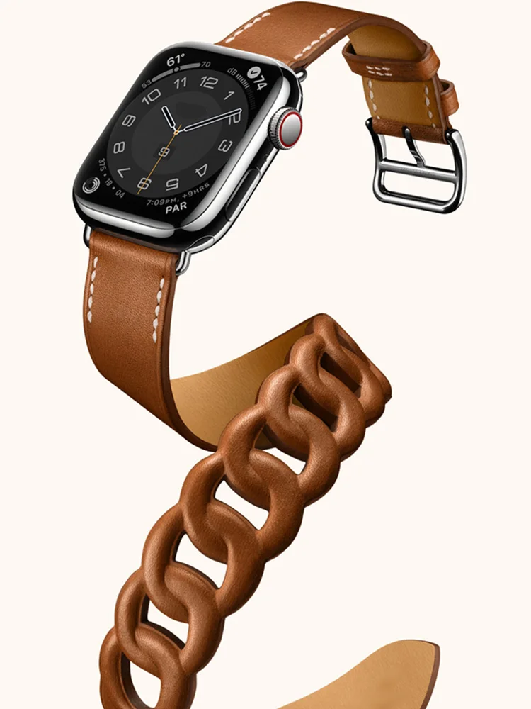 Gourmette Double Tour For Apple Watch band 40mm 41mm 38mm 44mm 45mm 42mm Genuine Leather bracelet iWatch serie 7 6 5 3 se strap