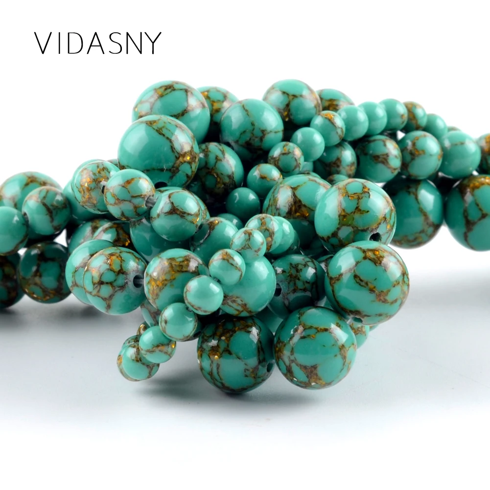 Green Gold Color Line Turquoises Natural Gem Round Stone Beads For Jewelry Making 4 6 8 10mm Spacer Beads Diy Bracelet Necklace