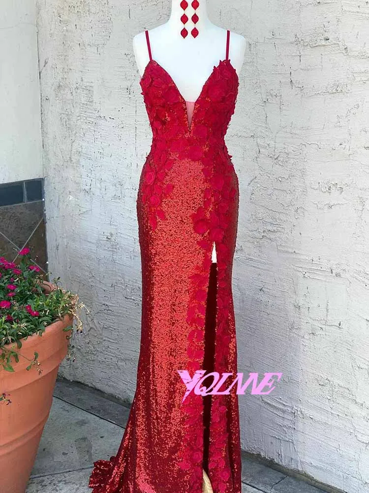 YQLNNE Beauty Long Sequined Prom Dresses Mermaid Sexy Straps Flowers Appliques Left Slit Backless Floor Length Party Gown