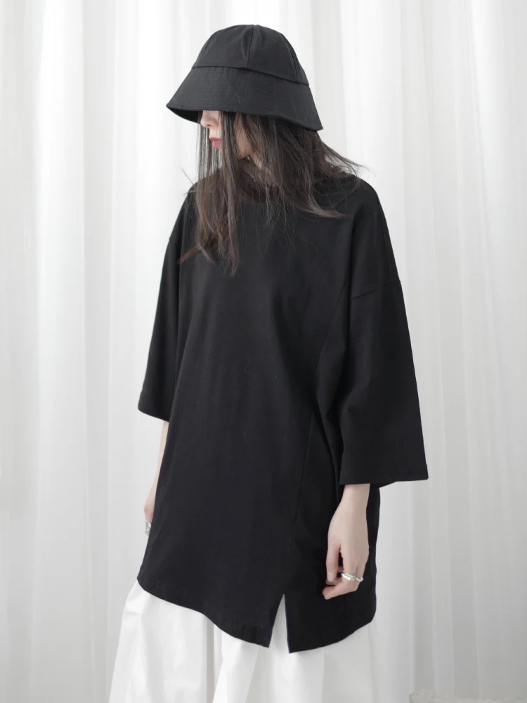 

Summer women's new black three-quarter sleeve T-shirt loose asymmetrical deconstruction of the trend of pure color top