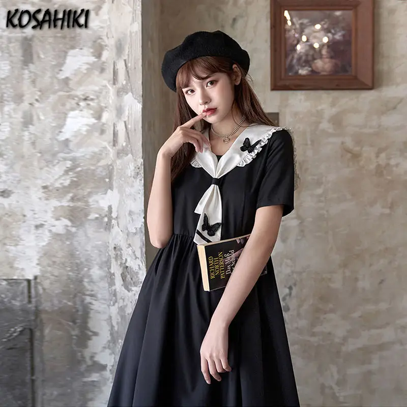 KOSAHIKI-vestido de Lolita gótico oscuro para mujer, Estilo Vintage Preppy, encaje dulce, cuello vuelto, bata suelta, Harajuku japonés