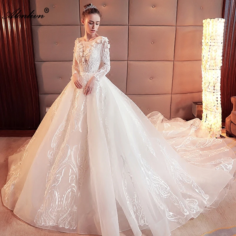 Alonlivn New Model Full Sleeves O-Neck Wedding Dress Illusion Back With Button Beading Appliques Bridal Skirts Customer Order