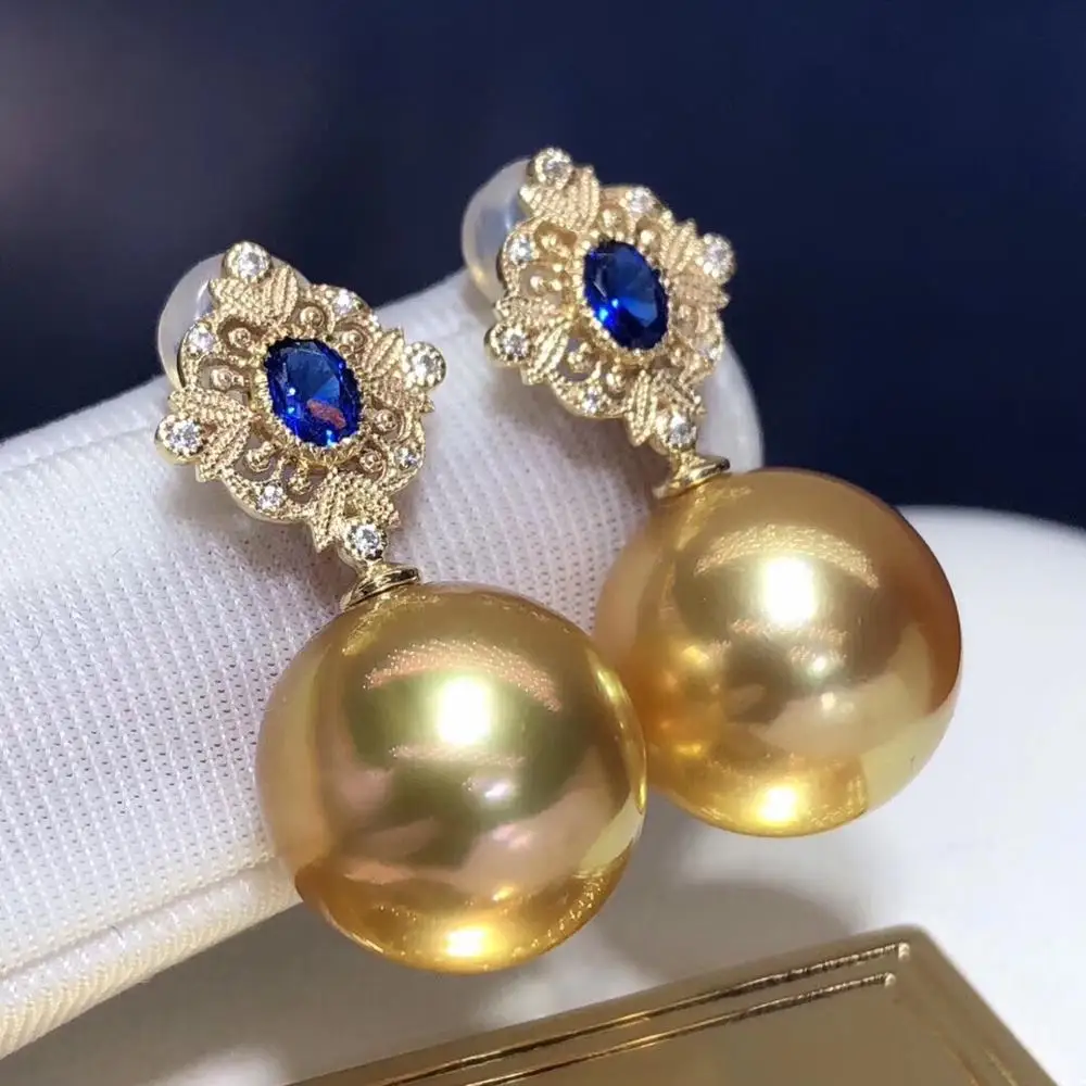 D902 Fine Jewelry Pure 18 K Gold Natural Philippine Origin 8-9mm Ocean Golden Round Pearl Earrings for Women Fine Pearl Earrings