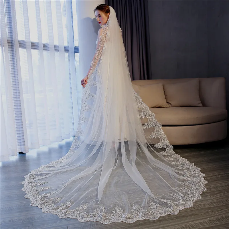 5เมตรสีขาวงาช้างแต่งงาน Wedding Veils Long Lace Edge ผ้าคลุมหน้าเจ้าสาวด้วยหวีอุปกรณ์จัดงานแต่งงานเจ้าสาว Veu Accesorios Novia