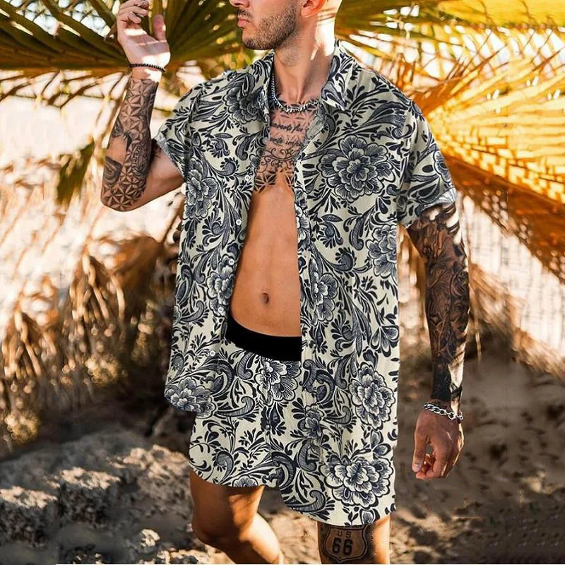 2021 Summer Beach Fashion Leopard Print Two Piece Sets For Men Short Sleeve Shirt And Drawstring Shorts Suits Casual Male Outfit