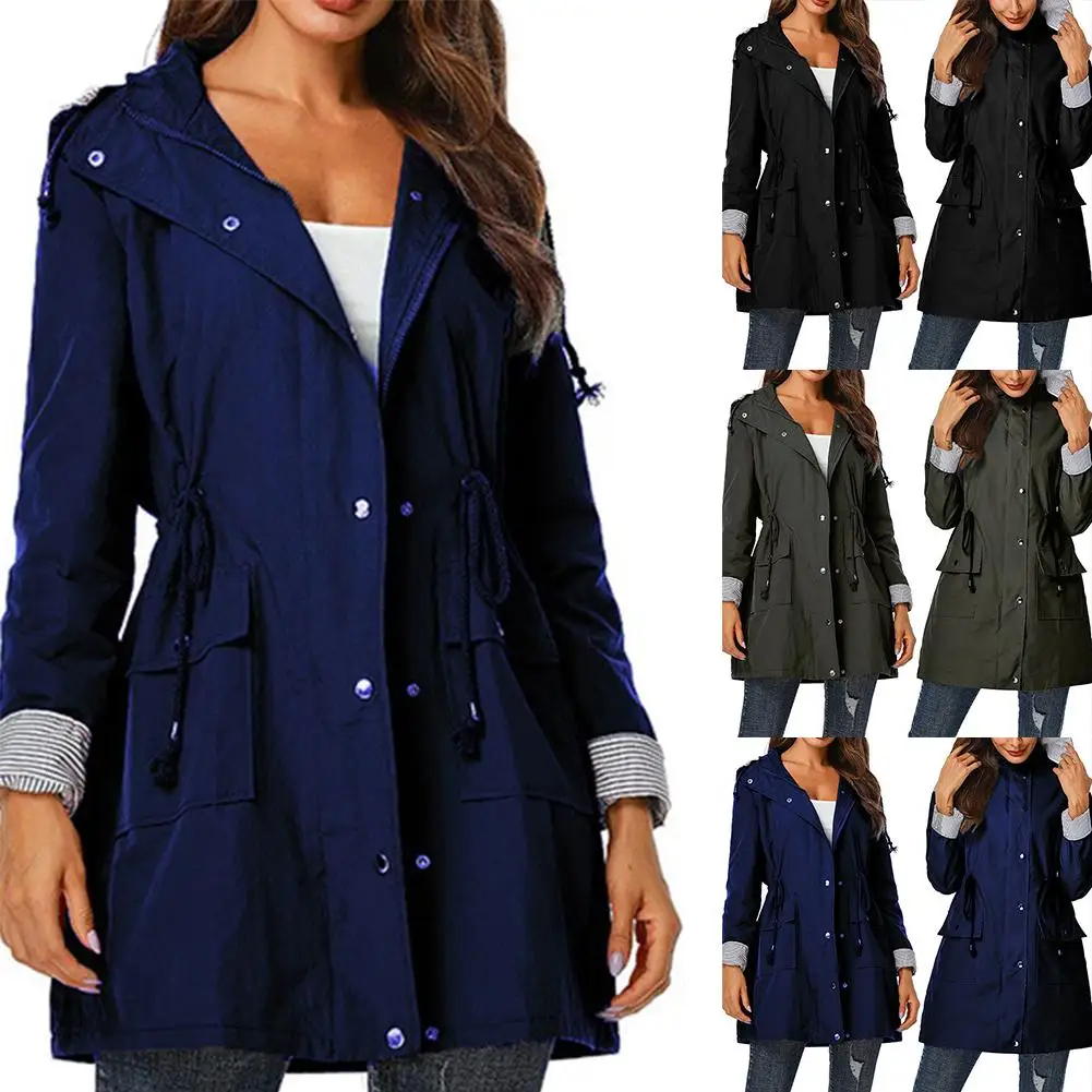 Vrouwen Dame Trenchcoat Waterdichte Effen Kleur Moda Feminina Hooded Herfst Trenchcoat Lange Mouwen Jacket Coat