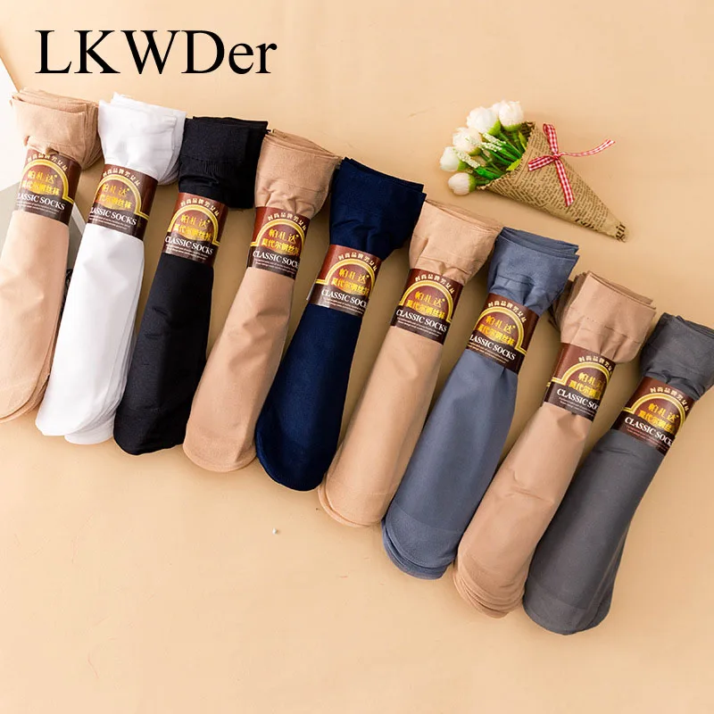 

LKWDer 5 Pairs/Lot Business Men Summer Socks Thin Silk High Elastic Nylon Breathable Casual Short Crew Socks Male Cool Socks