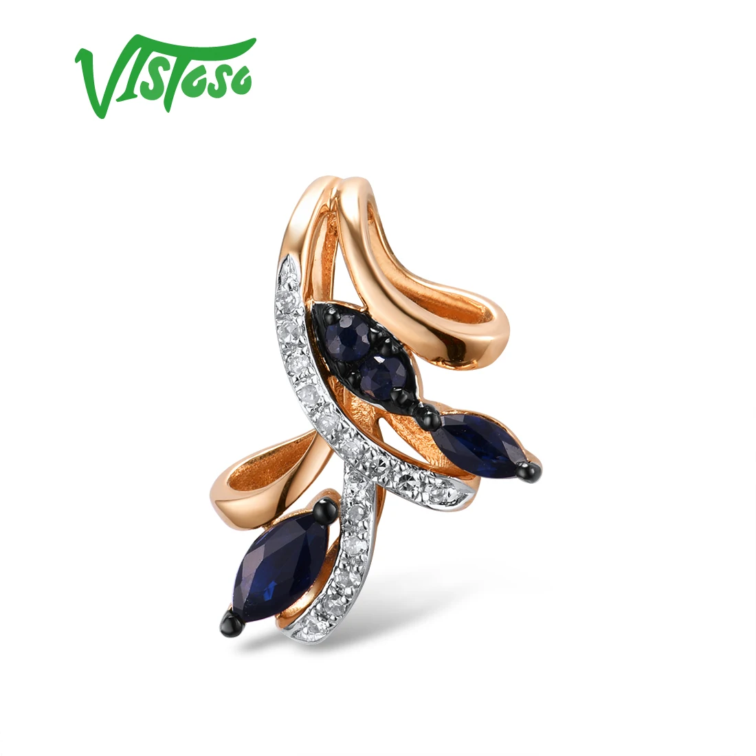 VISTOSO Gold Pendants For Women Authentic 14K 585 Rose Gold Sparkling Blue Sapphire Diamond Elegant Wedding Band Fine Jewelry