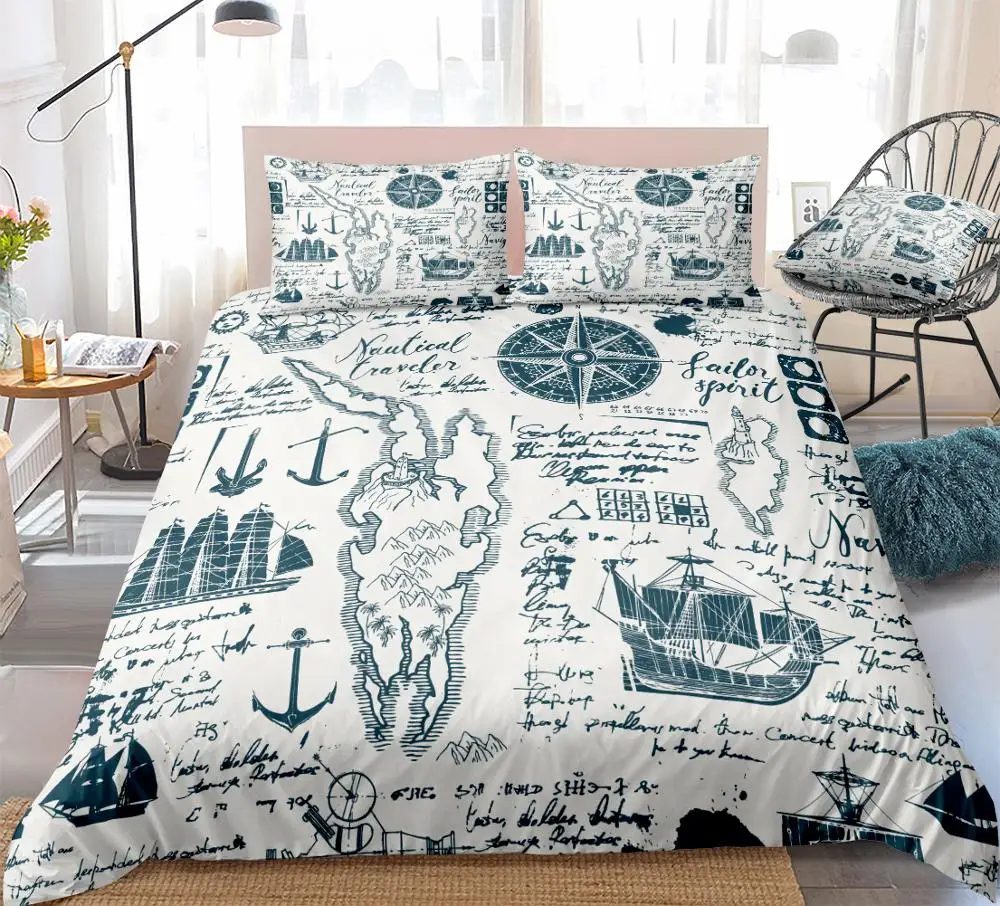 Compass Quilt Cover 3pcs Map Bedding Set Queen White Bedclothes Vintage Style Teens Home Textiles Boat Duvet Cover Ocean Bed Set