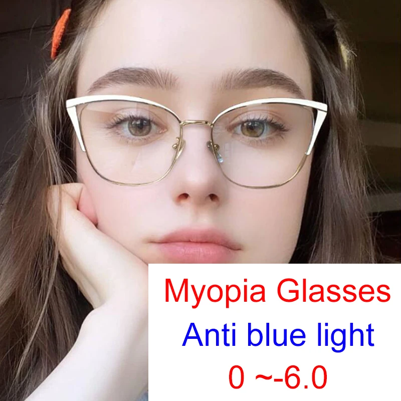 Eyeglasses For Female Myopia Degree 0 t0 -6.0 Fashion Blue Light Blocking Optical Lens Women Metal Cat Eye White-Rimmed Glasses