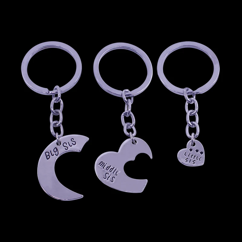 3 Pcs Heart Big Middle Little Sis Sister Key Chains Ring Fob Keyring Keychain Family Charm Women Girl Friends BFF