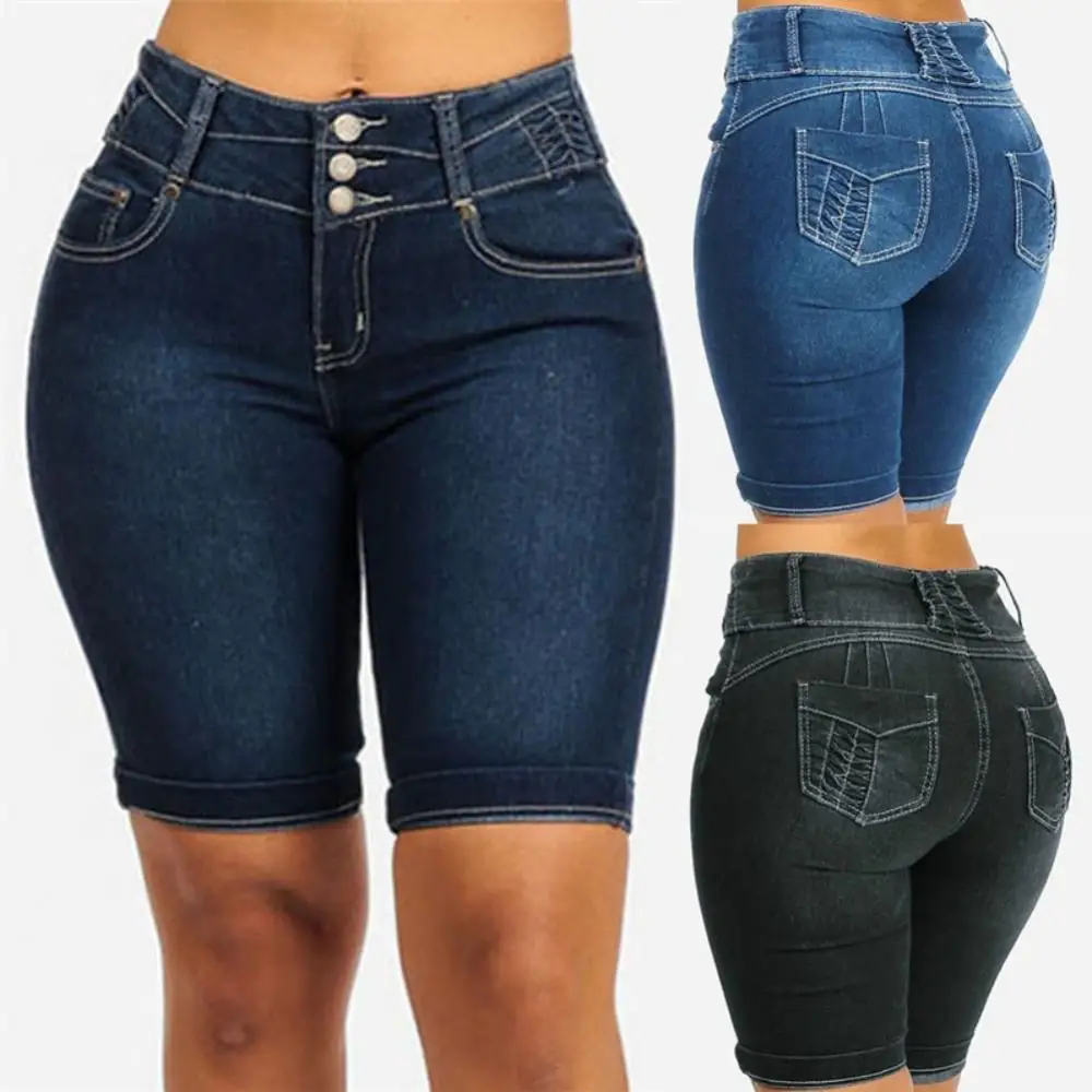  Women Denim Shorts Summer Fashion Casual High Waist Solid Color Skinny Slim-Fit Shorts Jeans