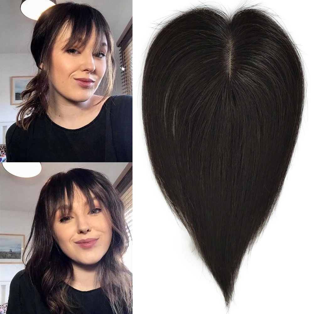 5x8 CM Virgin European Silk Skin Base Human Hair Bangs 4D Fringe Hair Topper With Bangs For Women 20 CM Scalp Top Toupee Black